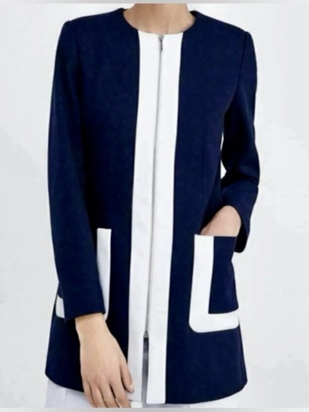 Zara Navy Blue White Stripe Contrast Long Line Zip Front Jacket Professional